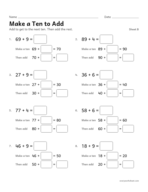 Preview of the printable “Make a ten to Add, sheet B” worksheet: adding by making the next ten