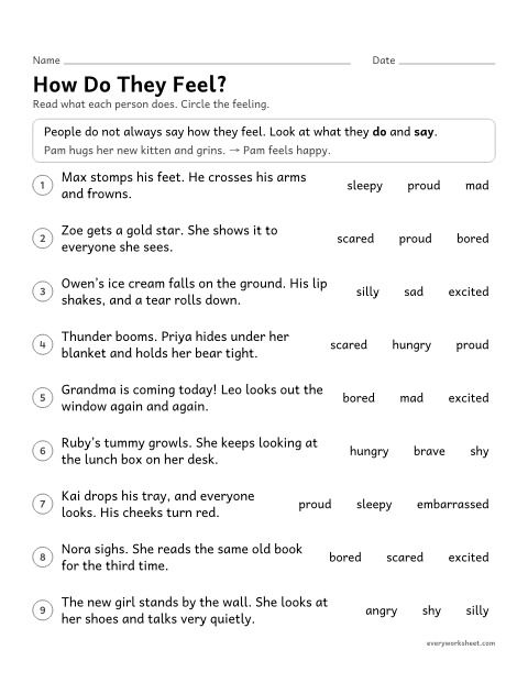 Preview of the printable “How do they Feel?” worksheet: inferring how a character feels from what the character does and says