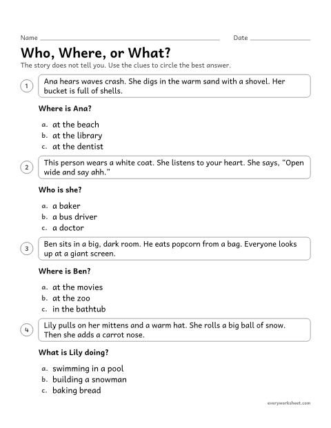 Preview of the printable “Who, Where, or What?” worksheet: using clues in a short text to infer who someone is, where they are, or what is happening