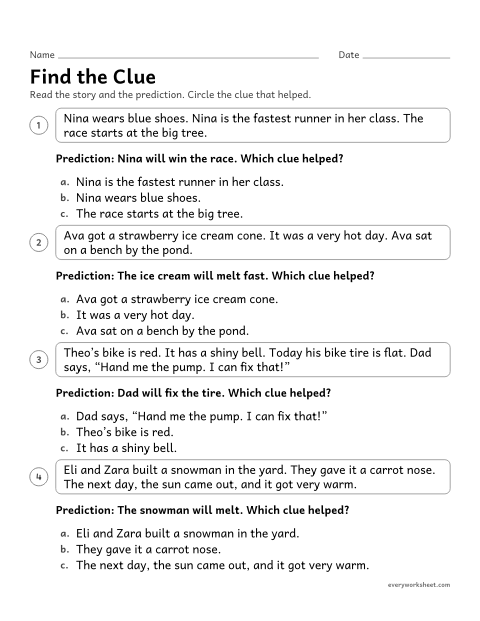 Preview of the printable “Find the clue” worksheet: finding the sentence in a short story that supports a prediction