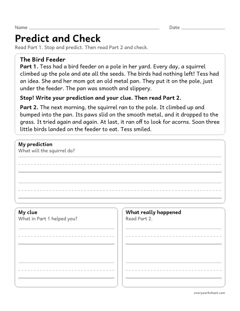 Preview of the printable “Predict and check” worksheet: making a prediction with a clue at a stopping point, then checking it against what happens
