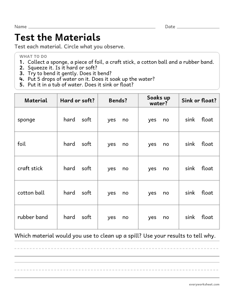 Preview of the printable “Properties of matter investigation record sheet” worksheet: planning and carrying out tests to describe materials by their properties