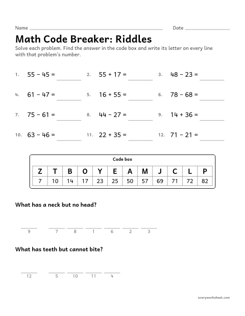 Preview of the printable “Math code Breaker: riddles” worksheet: solving 2-digit addition and subtraction to decode two riddle answers