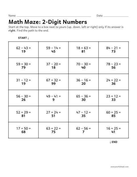 Preview of the printable “Math Maze: 2-Digit numbers” worksheet: checking 2-digit addition and subtraction to find the path through a maze