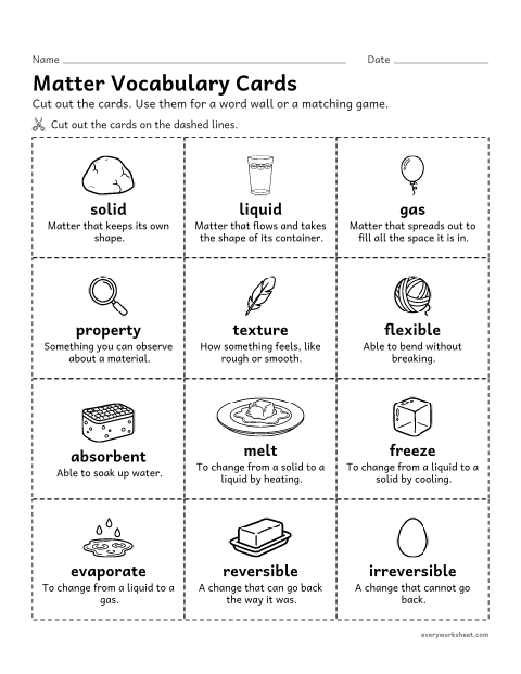 Preview of the printable “Properties of matter vocabulary cards” worksheet: learning the vocabulary of matter and its properties
