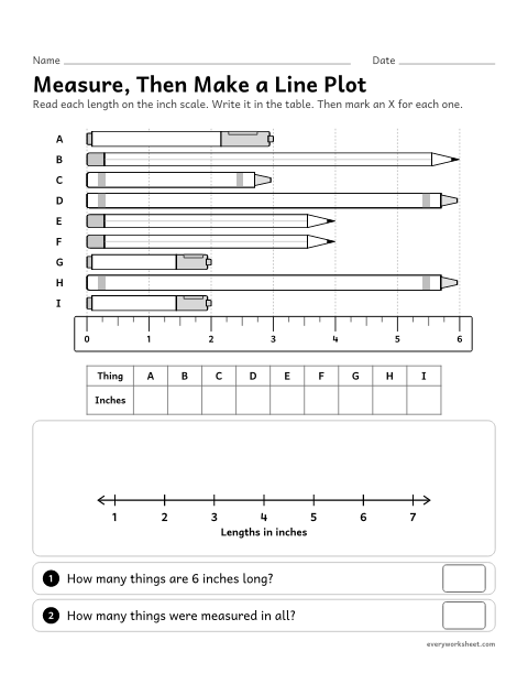 Preview of the printable “Measure, then make a line plot” worksheet: measuring objects to the nearest inch and showing the data on a line plot