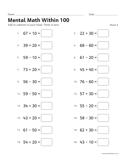 Preview of the printable “Mental math within 100, sheet A” worksheet: adding and subtracting tens within 100 mentally