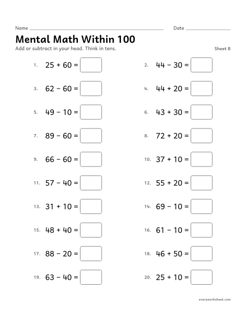 Preview of the printable “Mental math within 100, sheet B” worksheet: adding and subtracting tens within 100 mentally