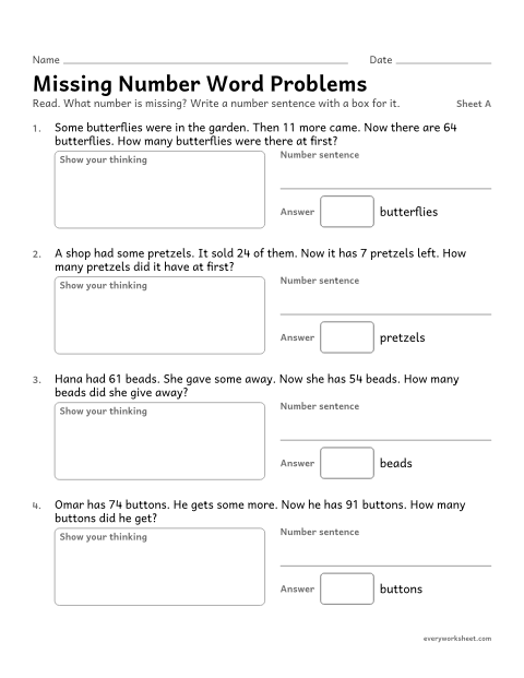 Preview of the printable “Missing number word Problems, sheet A” worksheet: solving word problems with the unknown in any position