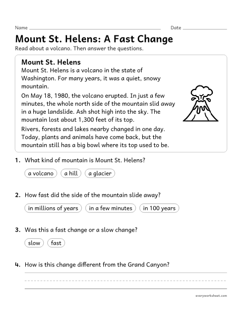 Preview of the printable “Volcano reading Passage: mount St. helens” worksheet: reading about a fast Earth change and answering questions