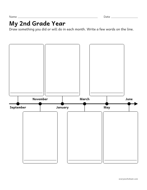 Preview of the printable “My school year timeline template” worksheet: making a timeline of events in a school year