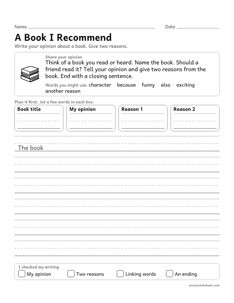 Preview of the printable “A book I recommend” worksheet: writing an opinion about a book with reasons from the book and a closing sentence