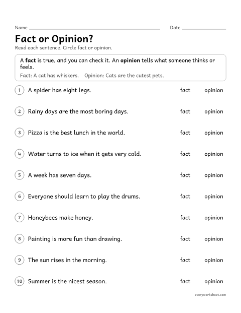 Preview of the printable “Fact or Opinion?” worksheet: telling a fact from an opinion