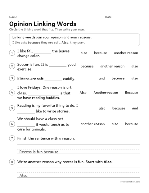 Preview of the printable “Opinion linking words” worksheet: using linking words (because, and, also, another reason) to connect an opinion and reasons