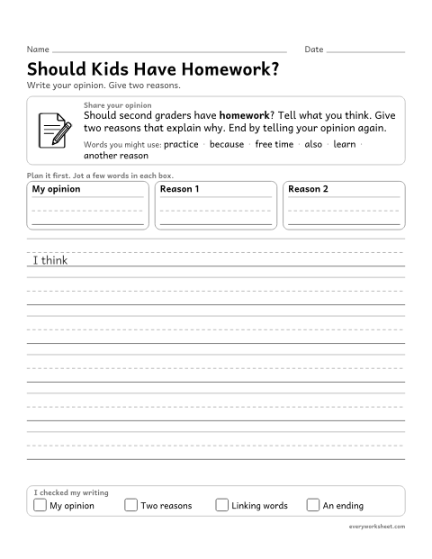 Preview of the printable “Should kids have Homework?” worksheet: writing an opinion with two reasons, linking words and a closing sentence
