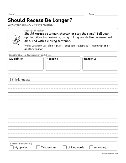 Preview of the printable “Should recess be Longer?” worksheet: writing an opinion with two reasons, linking words and a closing sentence