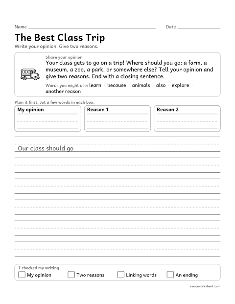 Preview of the printable “The best class trip” worksheet: writing an opinion with two reasons, linking words and a closing sentence