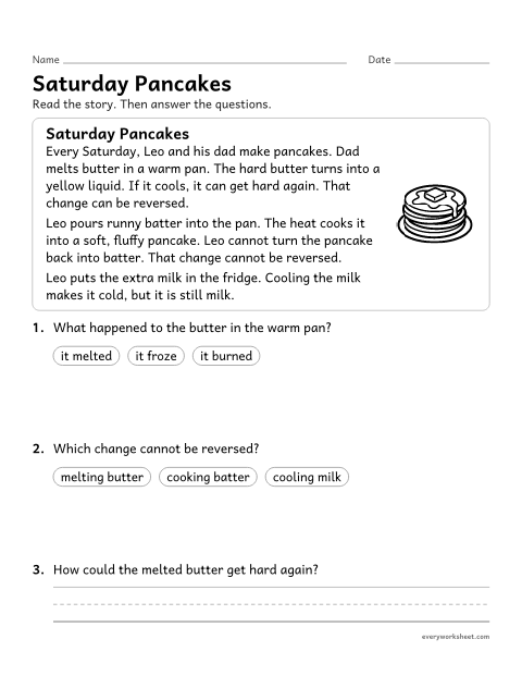 Preview of the printable “Reversible and irreversible changes reading passage” worksheet: reading about changes from heating and cooling and telling which can be reversed