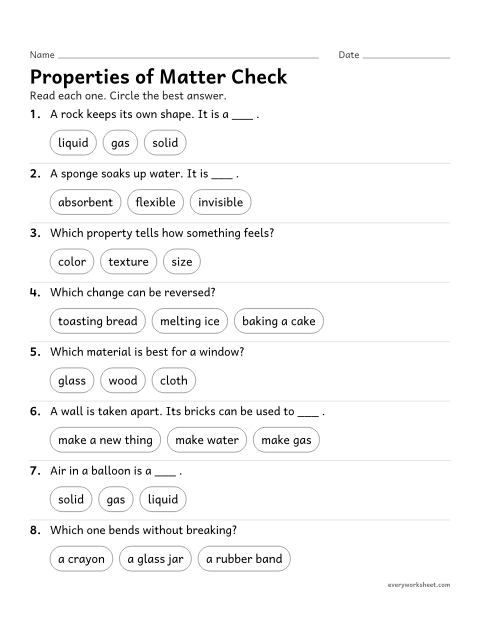 Preview of the printable “Properties of matter quiz for 2nd grade” worksheet: reviewing states of matter, properties, reversible changes and building from pieces