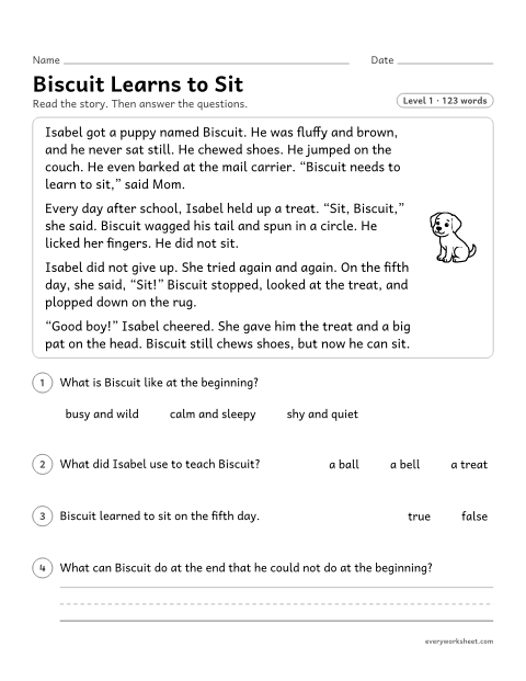 Preview of the printable “Biscuit learns to sit” worksheet: telling how the beginning and the ending of a story fit together