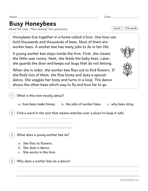 Preview of the printable “Busy honeybees” worksheet: telling the main topic of a short nonfiction text
