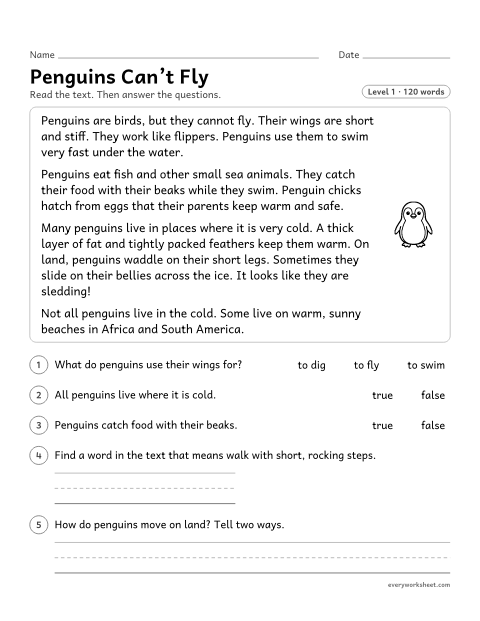 Preview of the printable “Penguins Can't fly” worksheet: answering questions about key details in a nonfiction text