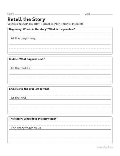 Preview of the printable “Retell the story” worksheet: retelling a story's beginning, middle and end and telling its lesson