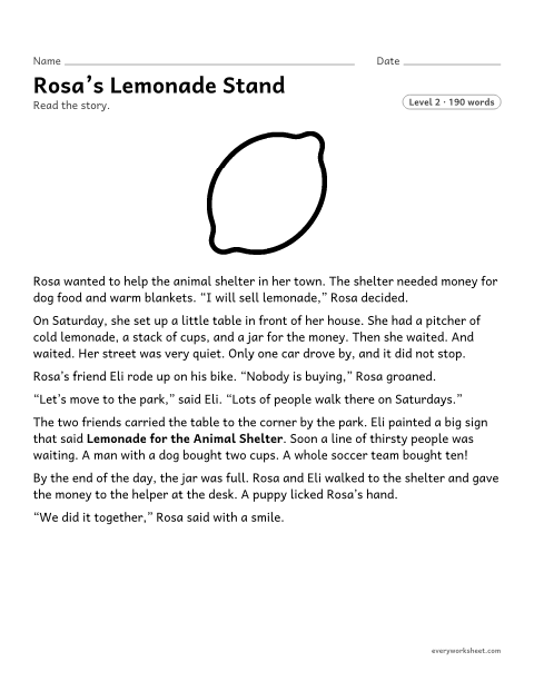Preview of the printable “Rosa's lemonade stand” worksheet: finding the central message of a story and the details that show it