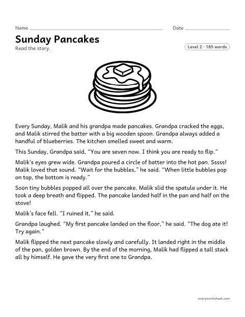 Preview of the printable “Sunday pancakes” worksheet: asking and answering questions about the details of a story