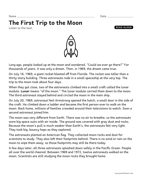 Preview of the printable “The first trip to the moon” worksheet: listening to a history text read aloud and answering questions about key details