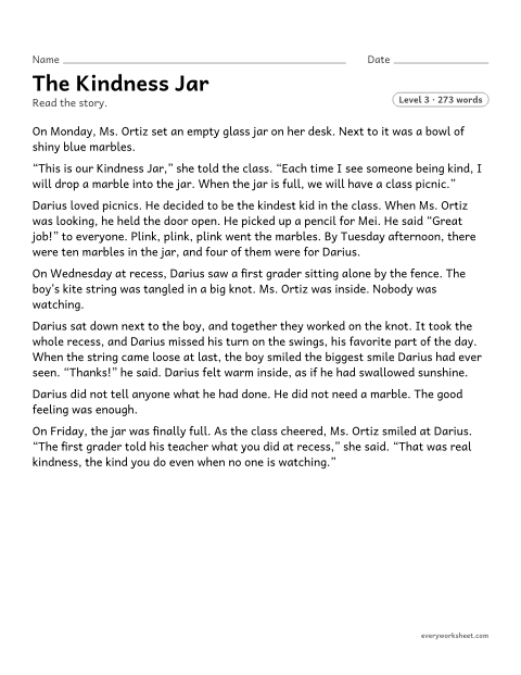 Preview of the printable “The kindness jar” worksheet: finding the central message of a story and the details that show it
