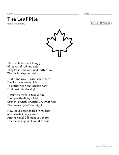 Preview of the printable “The leaf pile” worksheet: telling how rhyme, rhythm and repeated sounds give a poem its meaning
