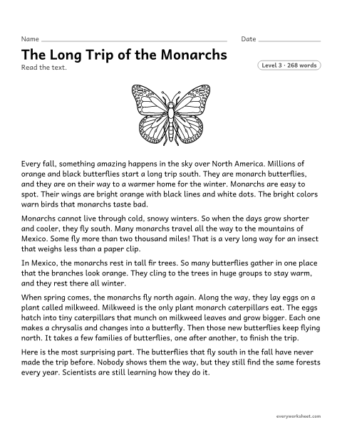 Preview of the printable “The long trip of the monarchs” worksheet: finding the main topic of a text and of its paragraphs