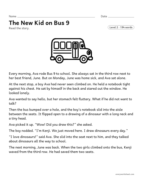 Preview of the printable “The new kid on bus 9” worksheet: describing how characters respond to a new challenge