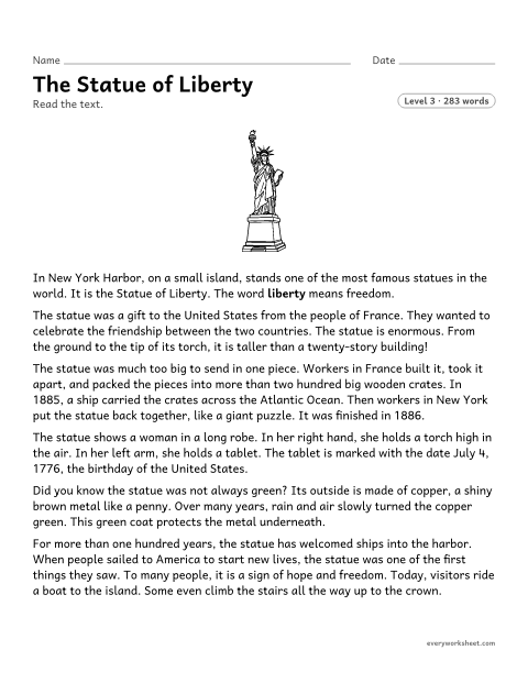 Preview of the printable “The statue of liberty” worksheet: answering who, what, when, why and how questions about a history text