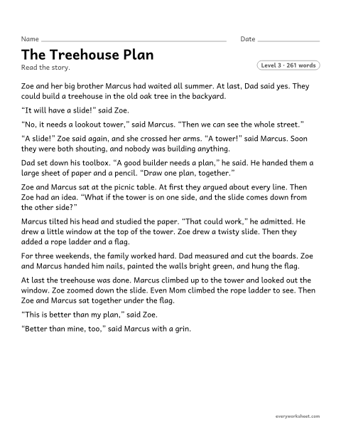Preview of the printable “The treehouse plan” worksheet: describing how the beginning of a story sets up the problem and the ending solves it