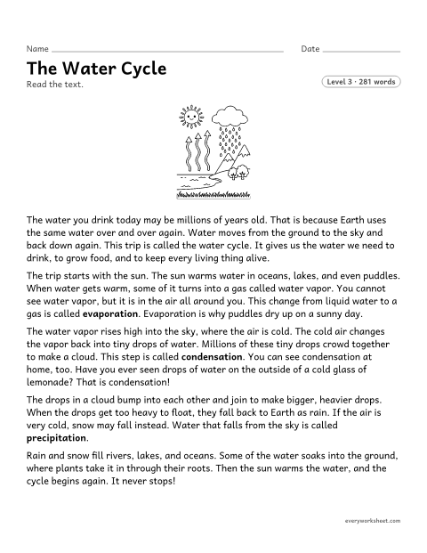 Preview of the printable “The water cycle” worksheet: using the text to work out the meaning of science words