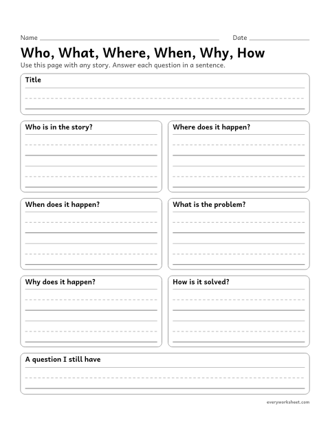 Preview of the printable “Who, What, Where, When, Why, how” worksheet: asking and answering who, what, where, when, why and how questions about any story