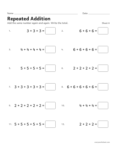 Preview of the printable “Repeated Addition, sheet A” worksheet: adding equal addends