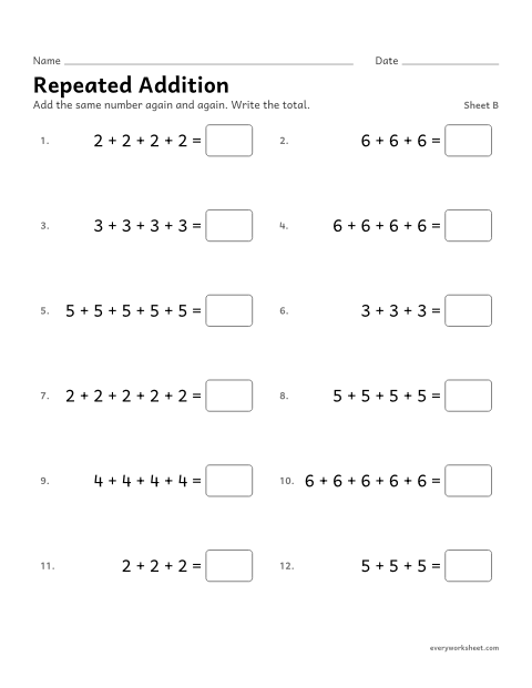 Preview of the printable “Repeated Addition, sheet B” worksheet: adding equal addends