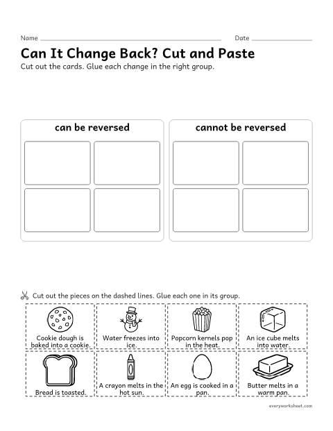 Preview of the printable “Reversible and irreversible changes cut and paste” worksheet: sorting changes caused by heating or cooling into ones that can and cannot be reversed