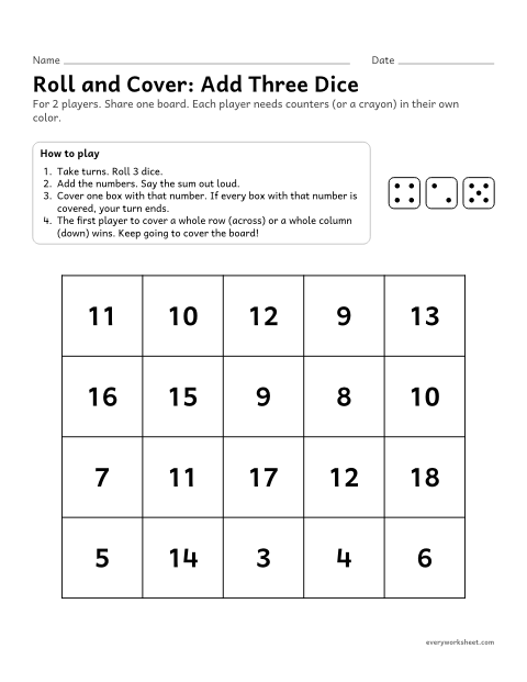 Preview of the printable “Roll and Cover: add three dice” worksheet: adding three one-digit numbers from dice and covering the sum on a game board