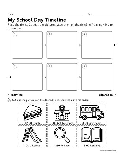 Preview of the printable “School day timeline cut and paste” worksheet: putting the events of a day in time order