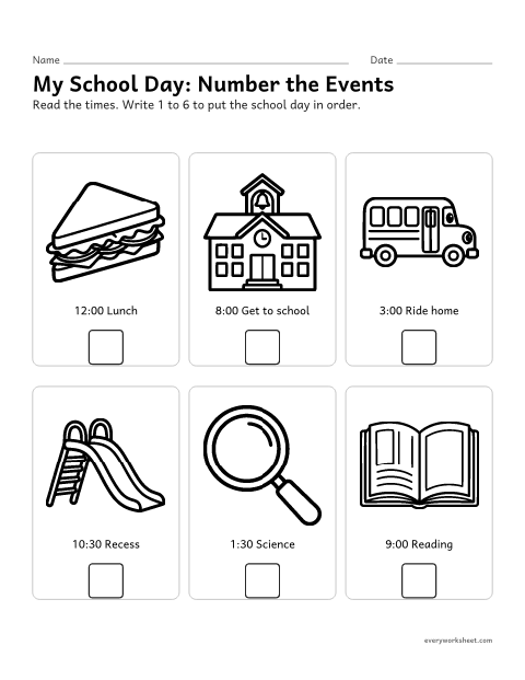Preview of the printable “School day timeline worksheet” worksheet: putting the events of a day in time order
