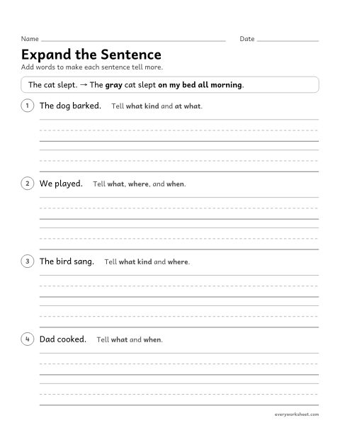 Preview of the printable “Expand the sentence” worksheet: expanding simple sentences with words that tell who, what kind, where and when