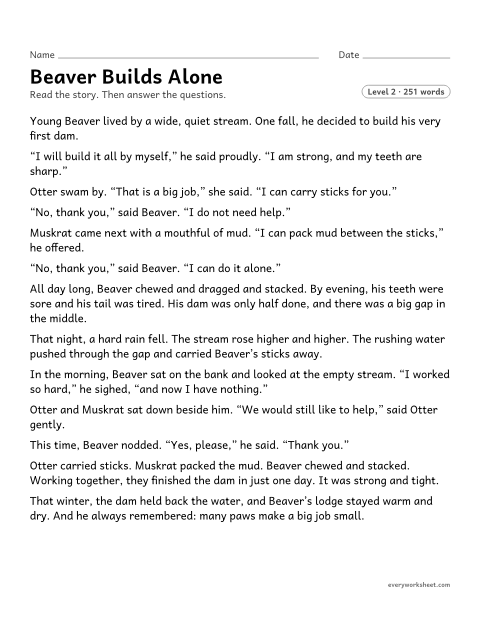 Preview of the printable “Beaver builds alone” worksheet: finding the lesson of an original fable