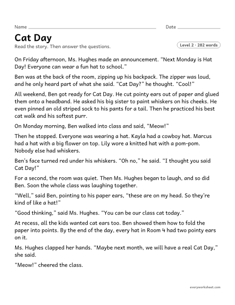 Preview of the printable “Cat day” worksheet: describing how a character responds to a funny mix-up