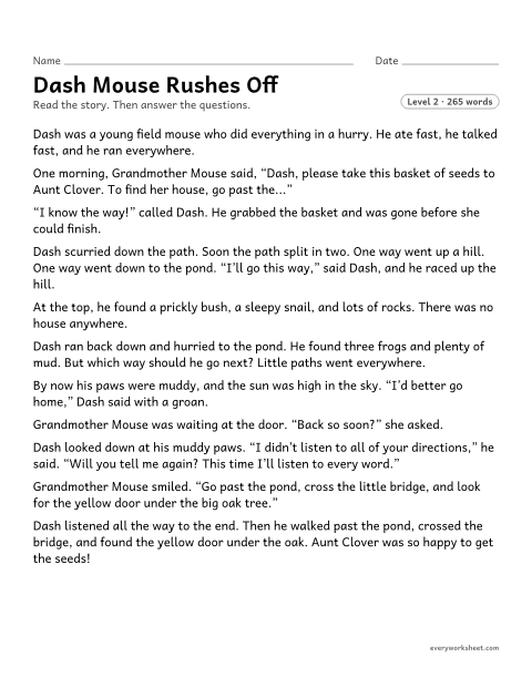 Preview of the printable “Dash mouse rushes off” worksheet: finding the lesson of an original fable