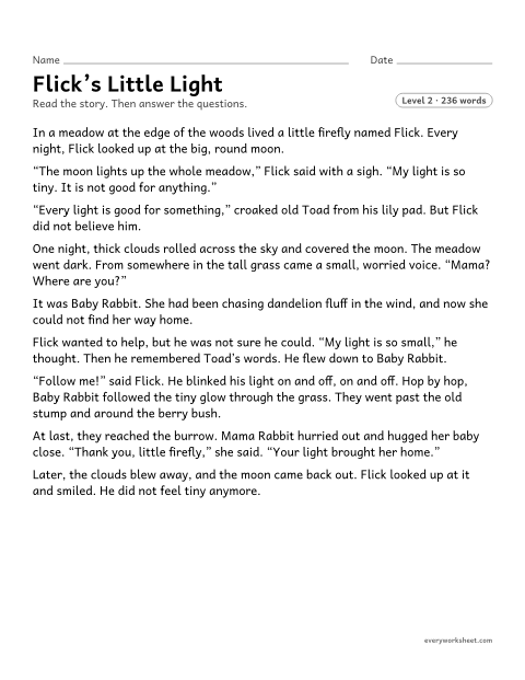 Preview of the printable “Flick's little light” worksheet: finding the lesson of an original fable