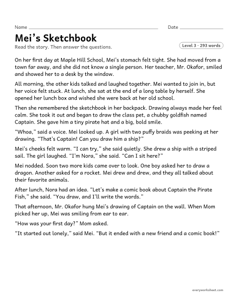 Preview of the printable “Mei's sketchbook” worksheet: describing how a character responds to the challenge of a new school
